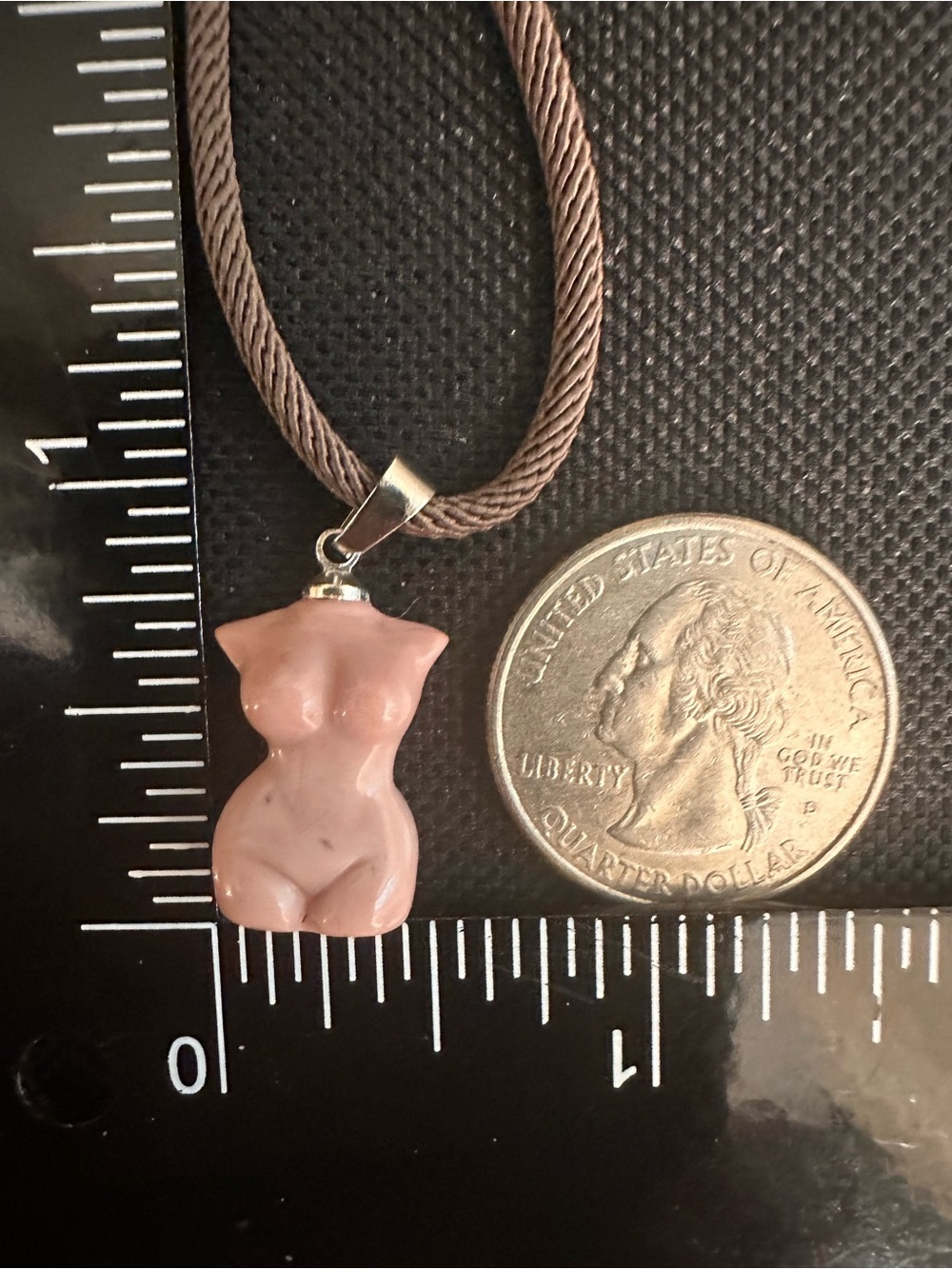 Mini Light Pink Alashan Agate Lady Body Carving Pendant Necklace on Brown Rope - Picture 15 of 16